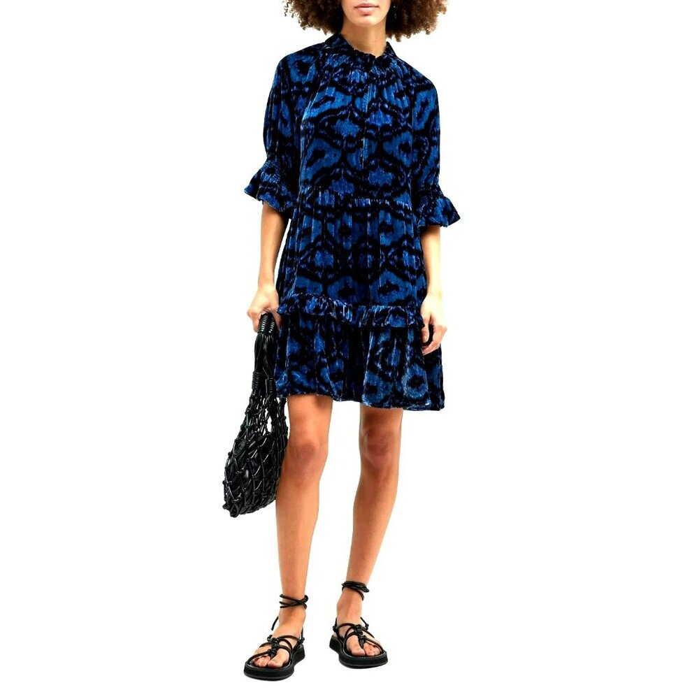 NEW Figue Navy Blue Velvet Burnout Boho Print Romantic Whimsigoth Mini Dress - Picture 3 of 11